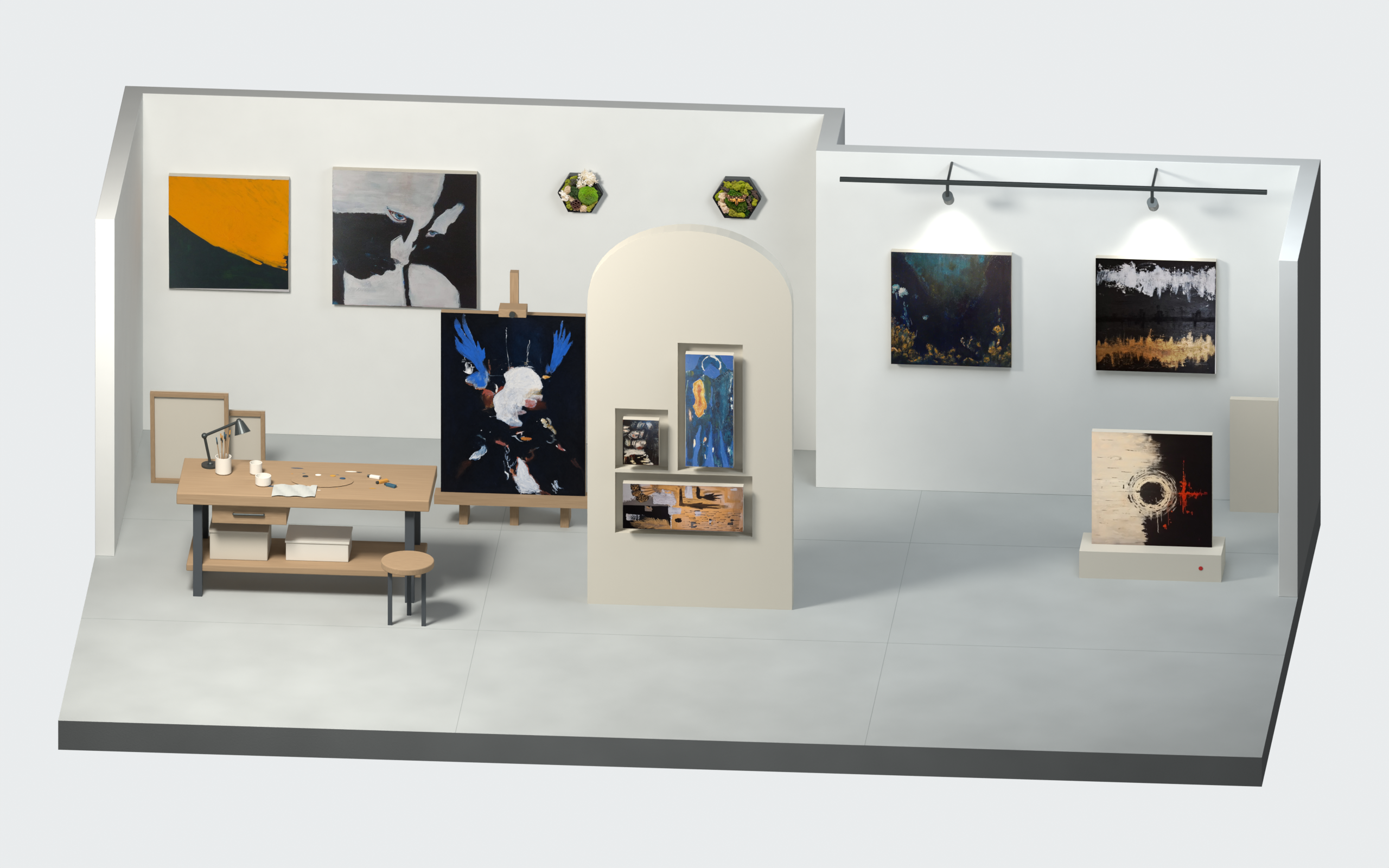 Atelier aperto con studio, parete centrale e sala espositiva: undici opere